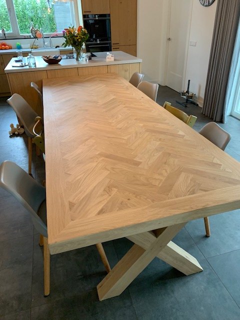 Herringbone oak table incl X base of your choice