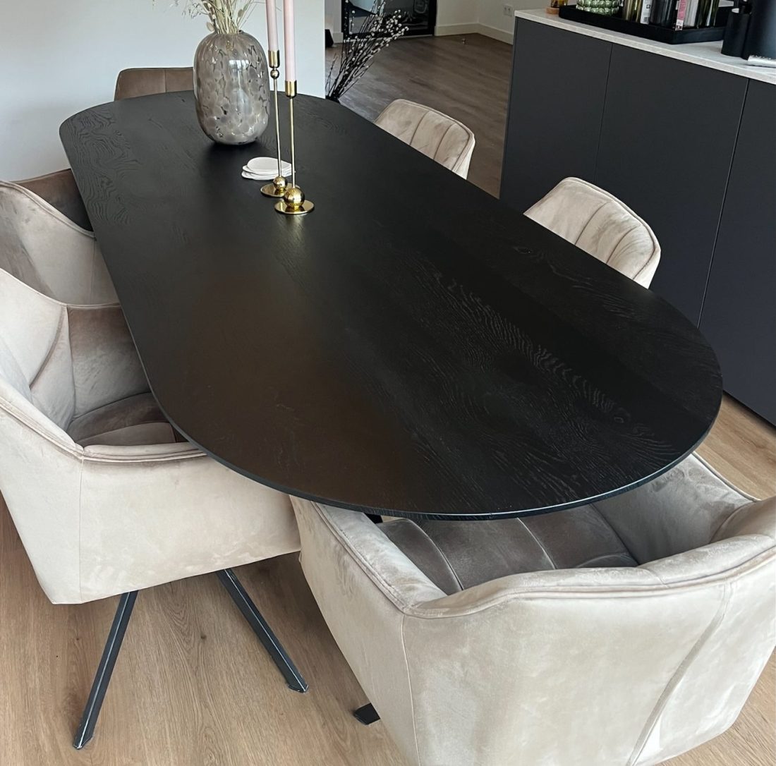 Flat oval oak table top 240 x 90 x 4cm with 1x60 degree tapered edge black color with base matrix 5x5cm black coating