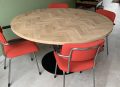 Lawica round herringbone oak table 140 x 3.5cm with Sol base