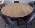 Rowy round oak table 140 x 4cm with tapered edge 1x45 degrees with matrix thin base 5 x 5cm with black coating