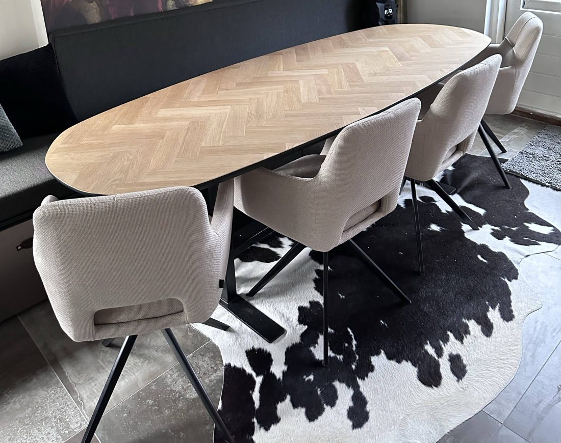 Demlin Danish oak herringbone table 240x90x4 with tapered edge 1x45 black with Koza base 8x4