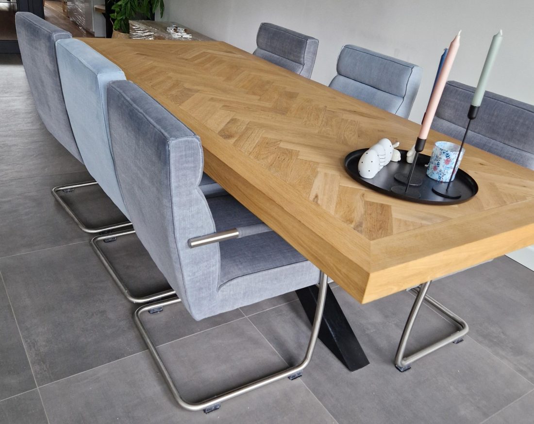 Mosina herringbone oak table 240 x 100 x 8cm with matrix base 10x10cm with black coating