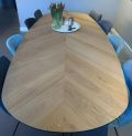 Demlin Danish herringbone oak table 260 x 120 x 4cm with 1x45 degree tapered black edge, herringbone in Hungarian point with matrix base 10 x 10cm with black coating