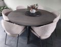 Rowy ronde eiken tafel 160x4cm met 1x45 verjongde rand kleur shell grey c16 met onderstel matrix thin 5x5cm met zwarte coating