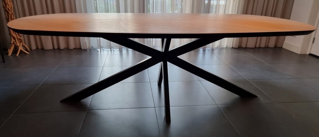 Demlin Danish oval herringbone oak table 240 x 120 x 4cm with 1x45 degree black tapered edge, Hungarian point laid, color Creamy White with matrix base 8 x 4cm with black coating