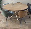 Rowy round oak table 140m x 4cm with 1x45 degree tapered edge with oak matrix base 8x4cm