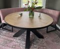 Lawica round herringbone oak table 150 x 3.5cm with metal black strap with matrix base 12 x 12cm with black coating