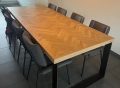 Mosina herringbone oak table with thin frame 270 x 110 x 6cm with U base 12x1cm bare steel with transparent coating