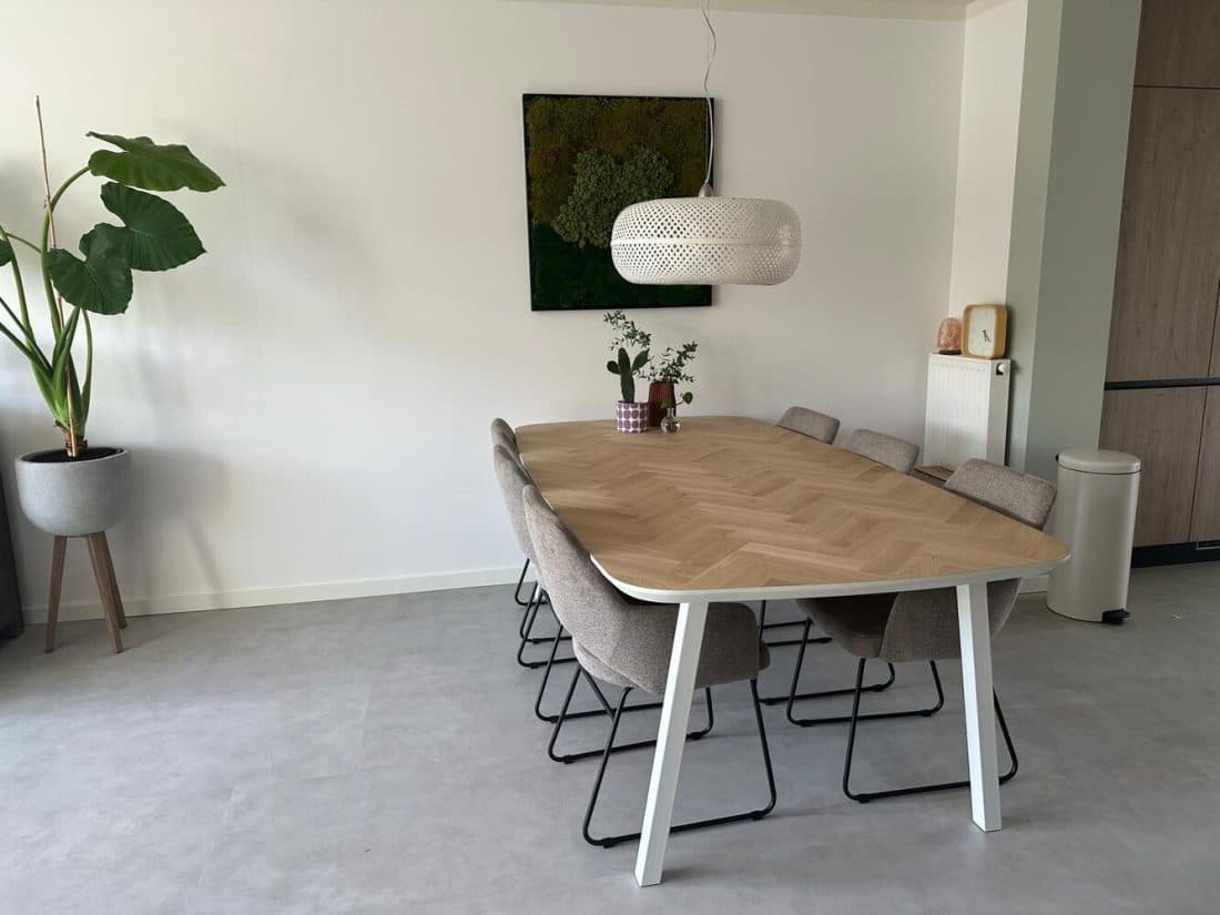 Demlin Danish oval herringbone oak table 240 x 110 x 4cm with white tapered edge 1 x 45 degrees with A base 5 x 5cm with white coating