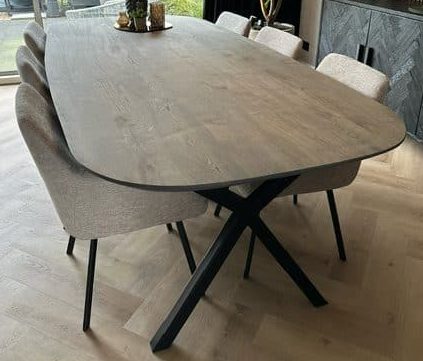 Torun Deens ovale eiken tafel 260 x 120 x 4cm kleur Marble Grey met verjongde rand 1 x 60 graden met XinA onderstel 5 x 5cm zwarte coating