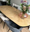 Demlin Danish oval herringbone oak table 220 x 90 x 4cm, with metal black strap, with matrix base 8x4 cm with black coating