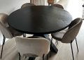 Lawica round herringbone oak table 130 x 3.5cm with black coating with matrix base 10 x 10cm with black coating
