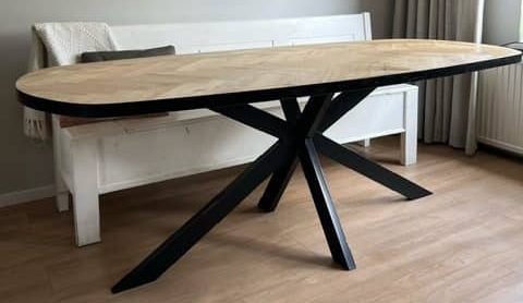 Demlin Danish oval herringbone oak table 220 x 90 x 4cm, with metal black strap, with matrix base 8x4 cm with black coating