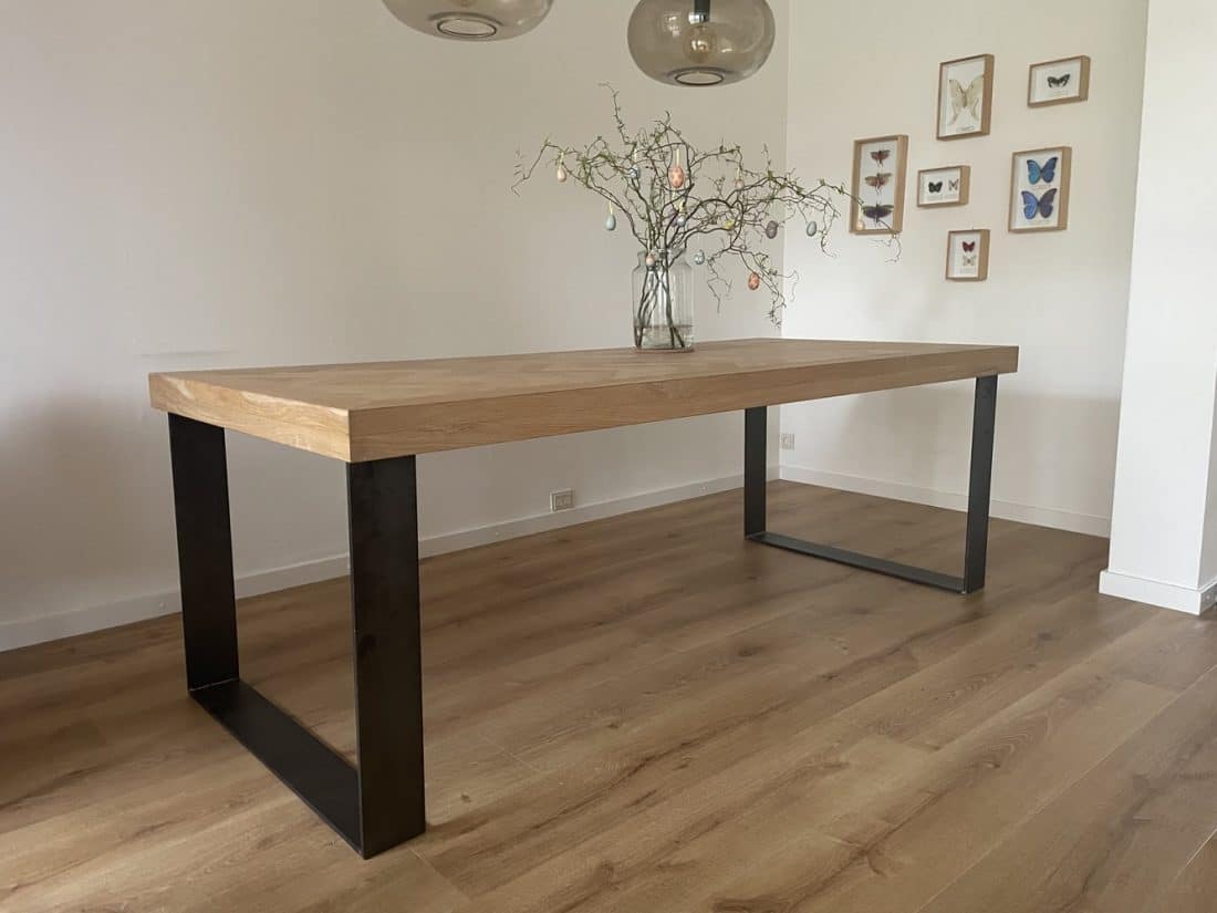 Mosina herringbone oak table 220 x 100 x 8cm with U base 12x1cm in bare steel