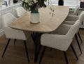 Demlin Danish (straight) oval herringbone oak table 230 x 100 x 4cm color with 1x45 degree tapered beige edge, with matrix butterfly base 3x3 cm black coating