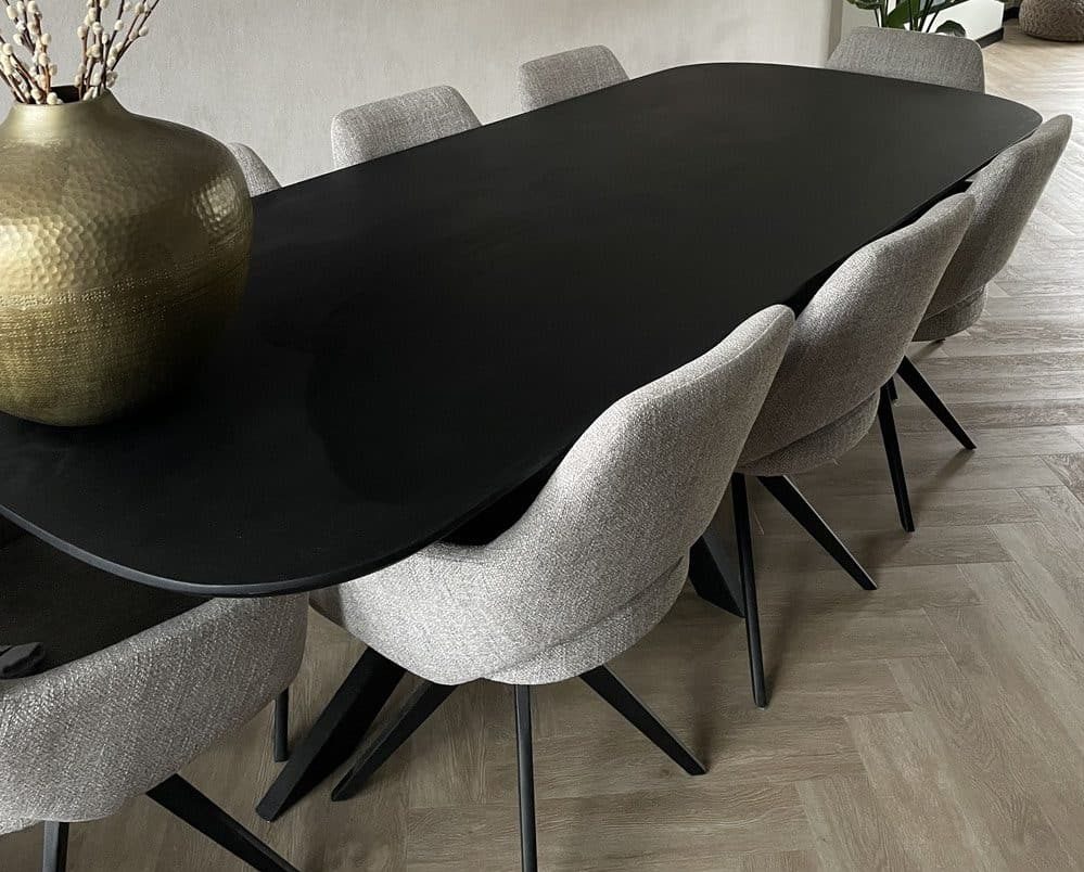 Torun Deens ovale eiken tafel 240 x 100 x 4cm met 1 x 45 graden verjongde rand, zwarte kleur, met matrix 8 x 4cm onderstel met zwarte coating