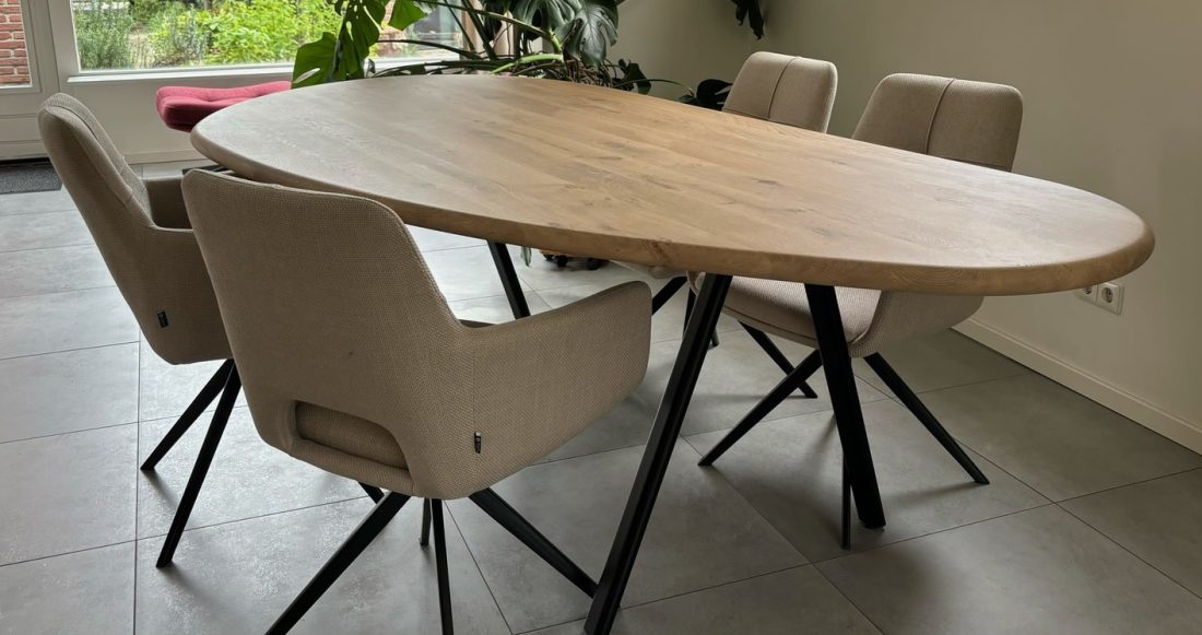 Organa herringbone oak organic table 220 x 110 x 4cm with convex edge with Venezuela base with black coating