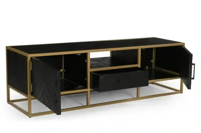 Mangohouten Tv Meubel 165x45x50cm Zwart Goud Visgraat 8211 Bestel Nu Voor Levering In Week 28