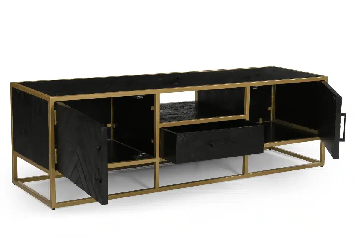 Mangohouten Tv Meubel 165x45x50cm Zwart Goud Visgraat 8211 Bestel Nu Voor Levering In Week 12