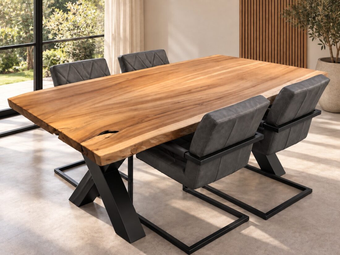 Boomstamtafel 4 Slede Stoelen Showroom Set Boomstamtafel 4 Slede Stoelen Showroom Set