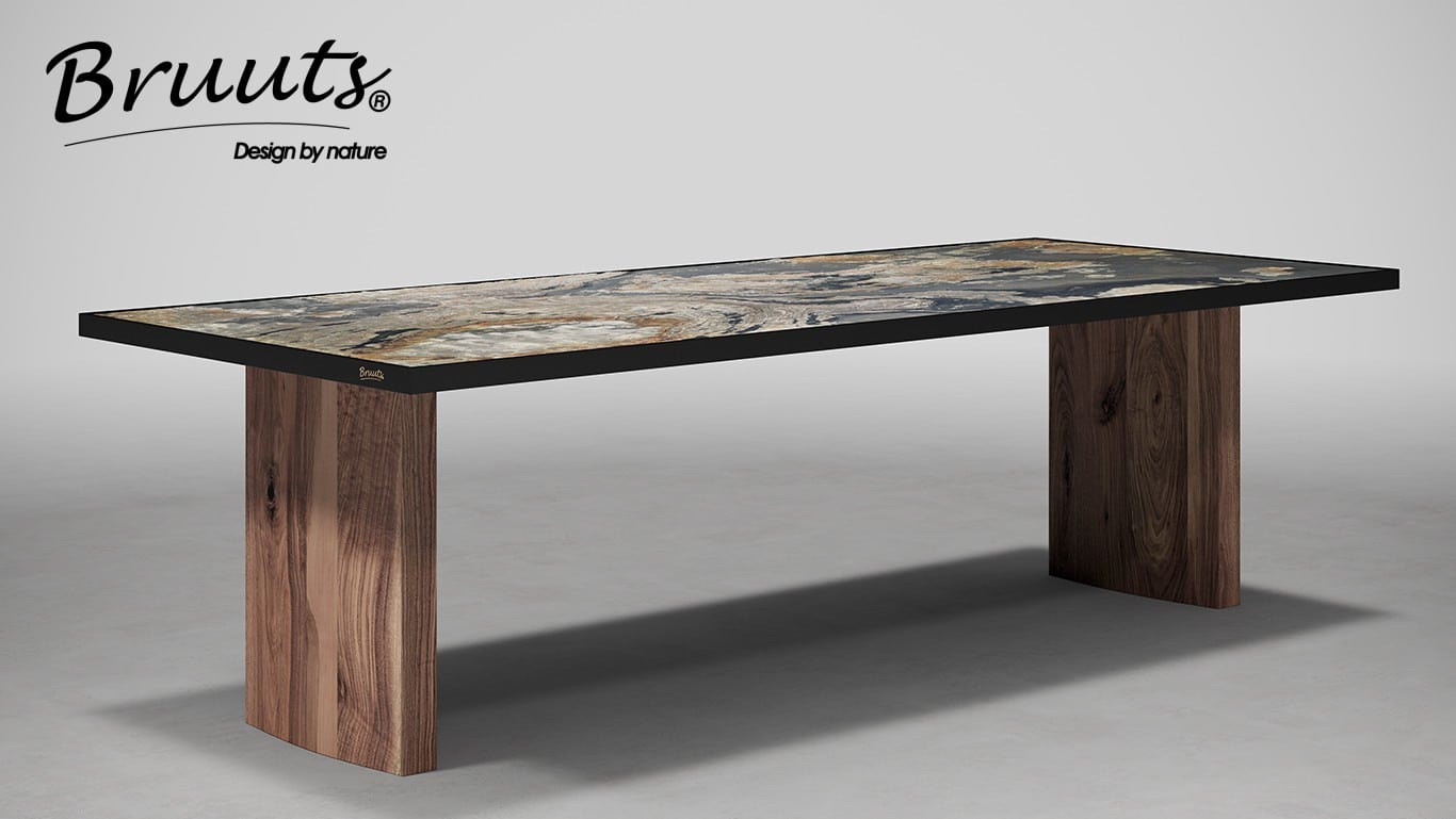 UrbanSofa Bruuts® eettafel Stonefield natuursteen Wooden Block Leg