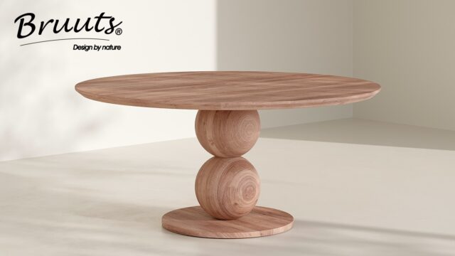 Bruuts eettafel rond verjongde rand bolpoot hout matt lacquer