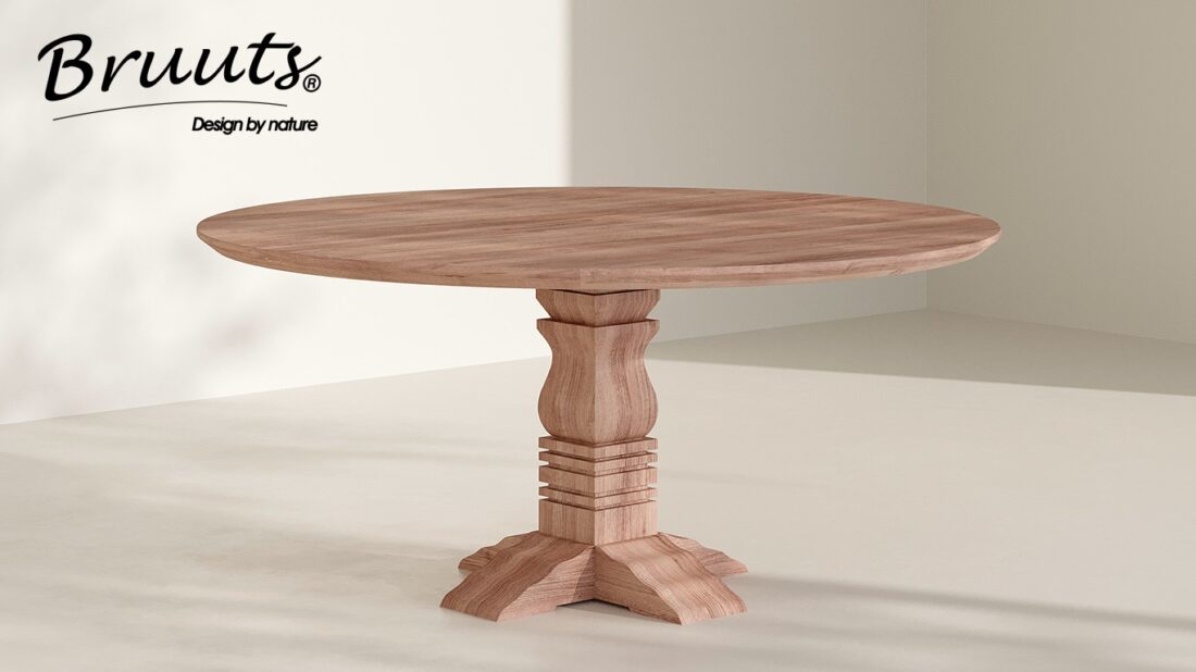 Bruuts eettafel rond verjongde rand kloosterpoot hout r matt lacquer