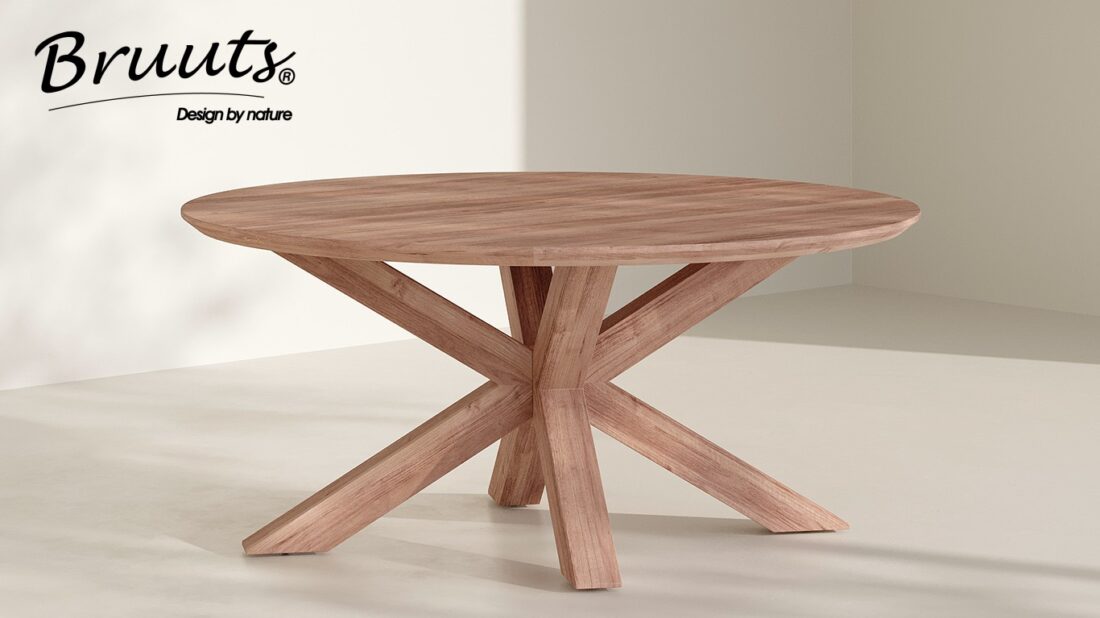 Bruuts eettafel rond verjongde rand spinpoot hout r matt lacquer