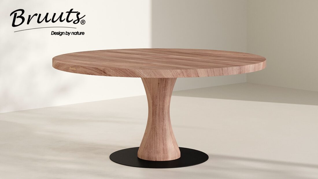 bruuts eettafel rond rechte rand kolompoot hout vaas matt lacquer