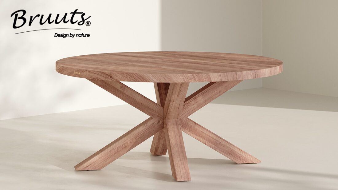 bruuts eettafel rond rechte rand spinpoot hout matt lacquer