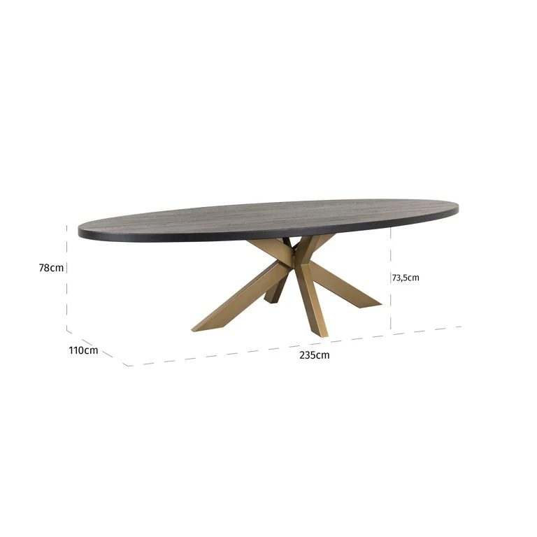 Afmetingen ichmond Interiors eettafel Watson spinpoot goud 235 cm eiken