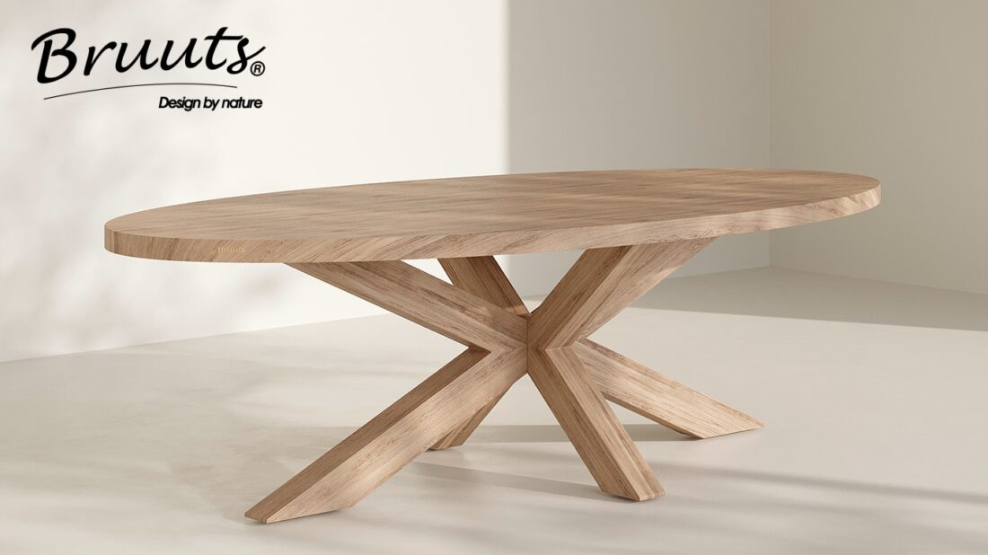 Bruuts eettafel ovaal rechte rand spinpoot hout kleur silky maple