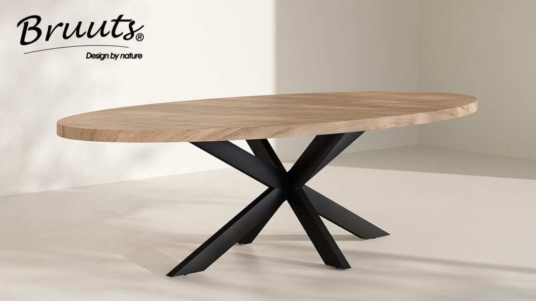 Bruuts eettafel ovaal rechte rand spinpoot metaal recht kleur silky maple