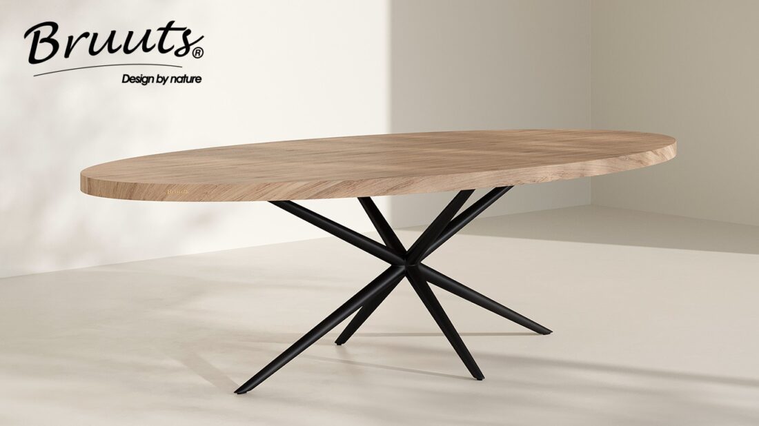 Bruuts eettafel ovaal rechte rand spinpoot rond metaal kleur silky maple