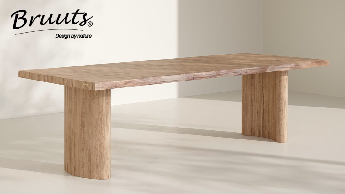 Bruuts eettafel rechthoek Live Edge 5 cm kolompoot hout halfrond kleur silky maple