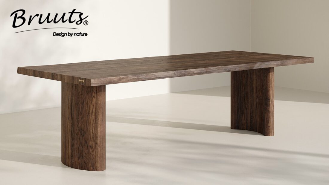 Bruuts eettafel rechthoek Live Edge 5 cm kolompoot hout halfrond kleur walnut