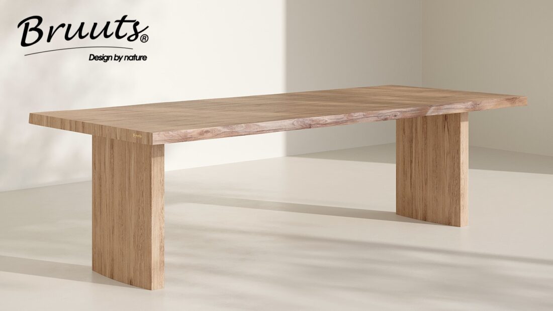 Bruuts eettafel rechthoek Live Edge 5 cm kolompoot hout recht kleur silky maple