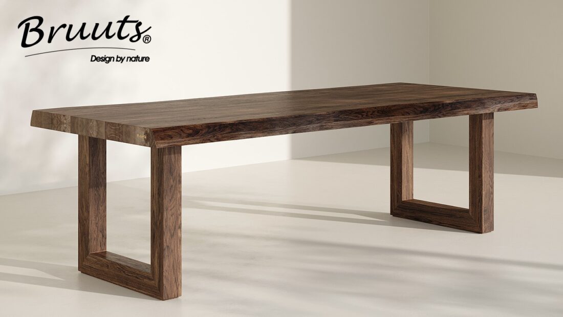 Bruuts eettafel rechthoek live edge 7,5 cm u onderstel hout walnut