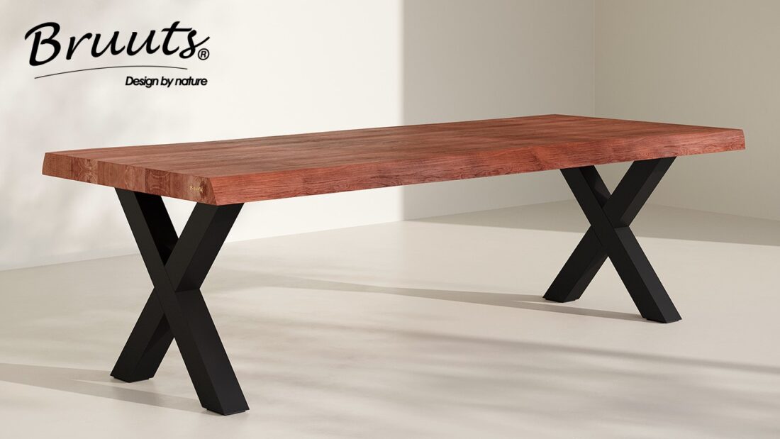 Bruuts eettafel rechthoek live edge 7,5 cm x onderstel kleur jacaranda