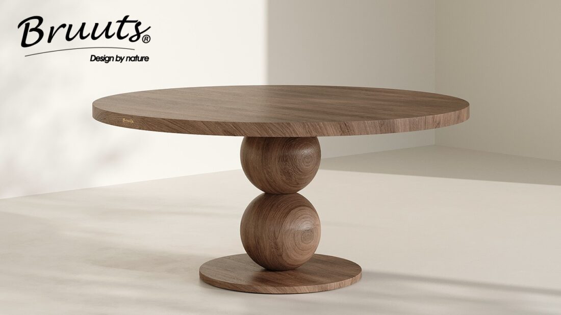 Bruuts eettafel rond rechte rand bolpoot hout kleur elmwood