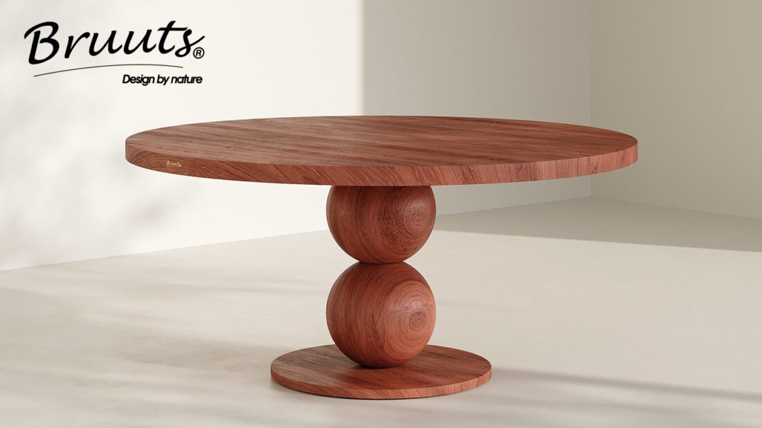 Bruuts eettafel rond rechte rand bolpoot hout kleur jacaranda