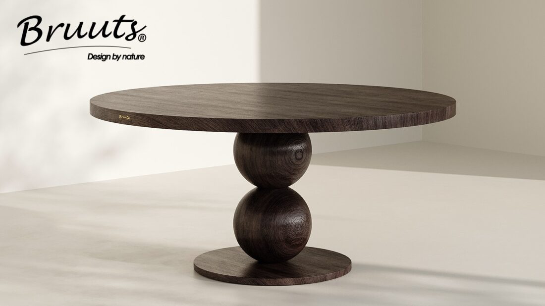 Bruuts eettafel rond rechte rand bolpoot hout kleur lava