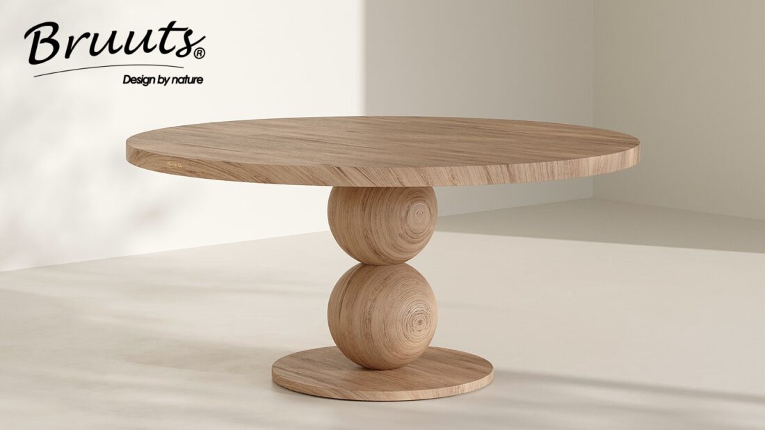 Bruuts eettafel rond rechte rand bolpoot hout kleur silky maple