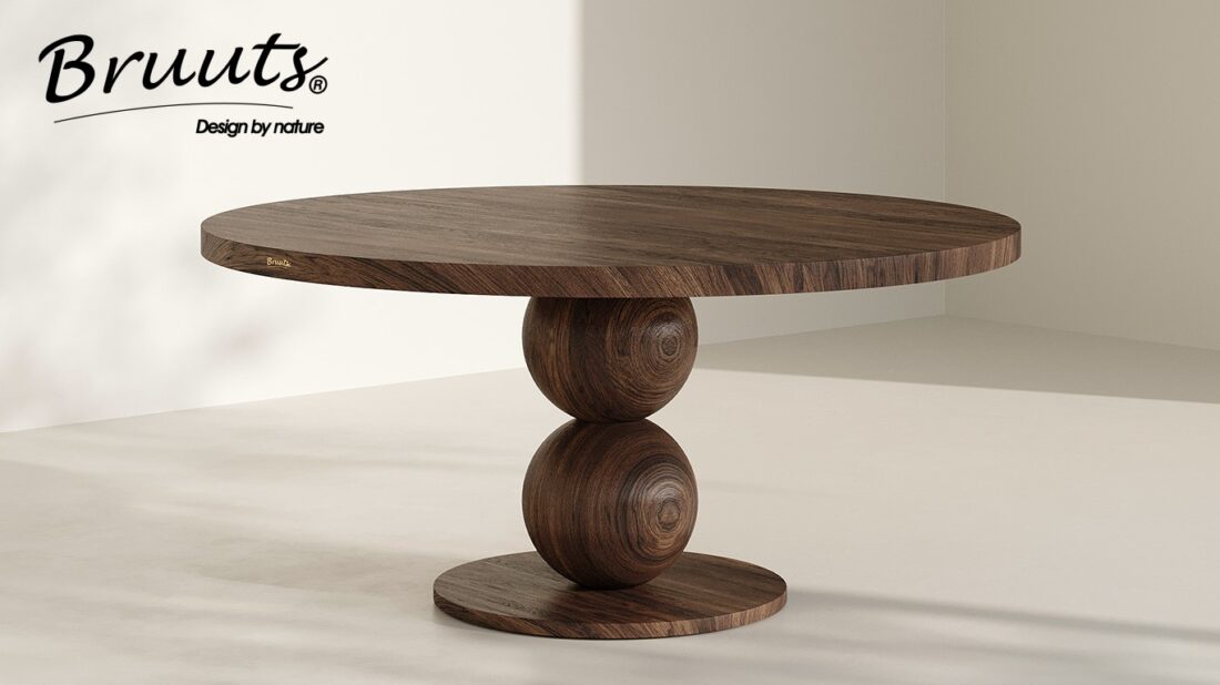 Bruuts eettafel rond rechte rand bolpoot hout kleur walnut