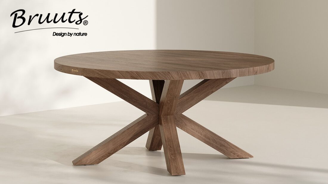 Bruuts eettafel rond rechte rand spinpoot hout kleur elmwood