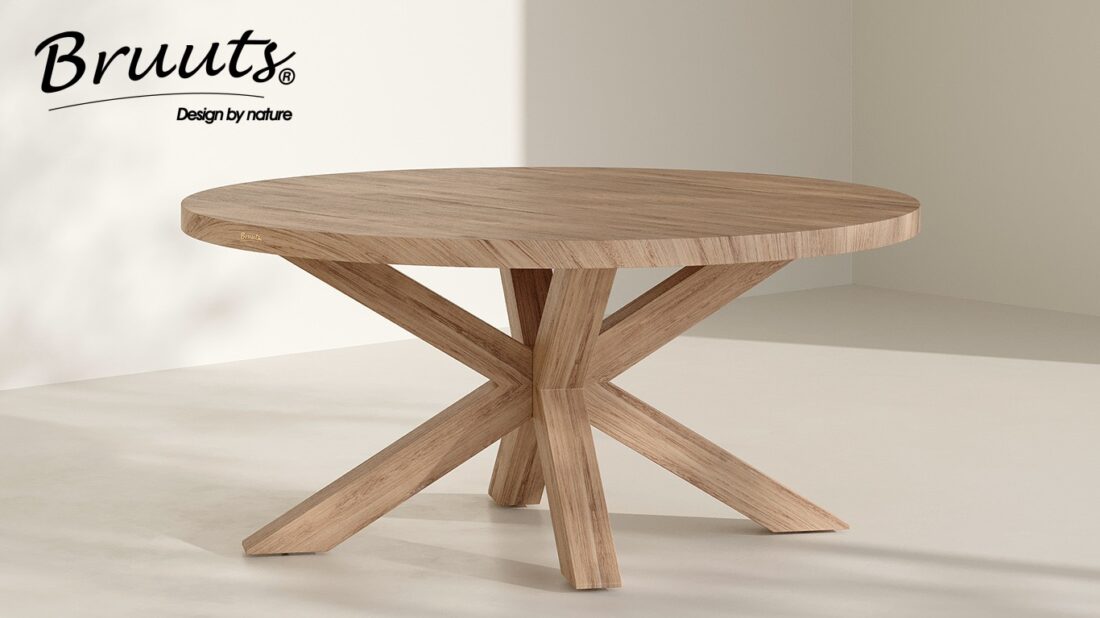 Bruuts eettafel rond rechte rand spinpoot hout kleur silky maple