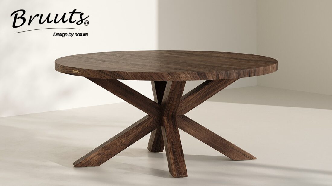 Bruuts eettafel rond rechte rand spinpoot hout kleur walnut