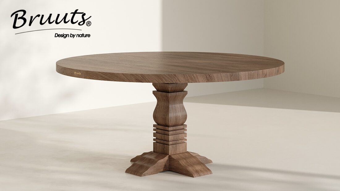 bruuts eettafel rond rechte rand kloosterpoot hout kleur elmwood