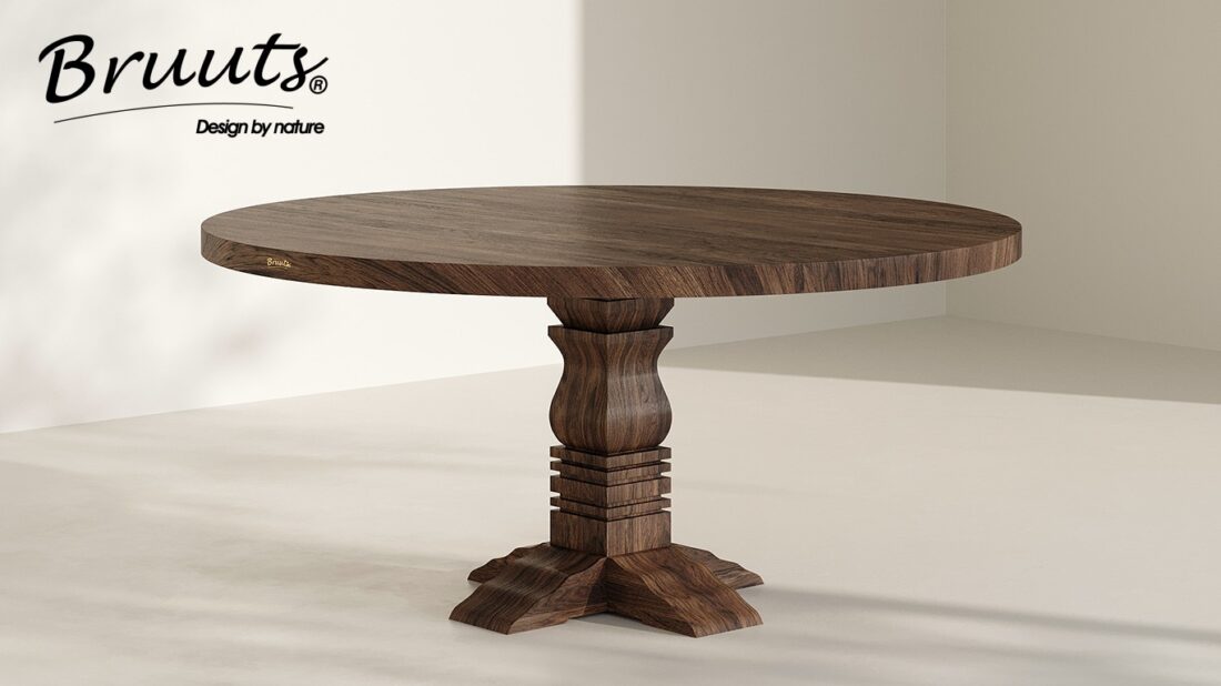 bruuts eettafel rond rechte rand kloosterpoot hout kleur walnut