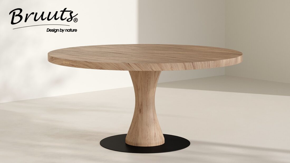 bruuts eettafel rond rechte rand kolompoot hout vaas kleur silky maple